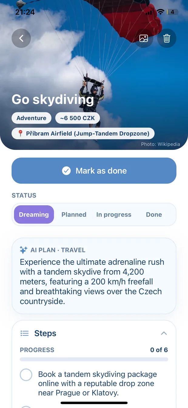 Leap plan for a skydiving dream with cost, steps and places